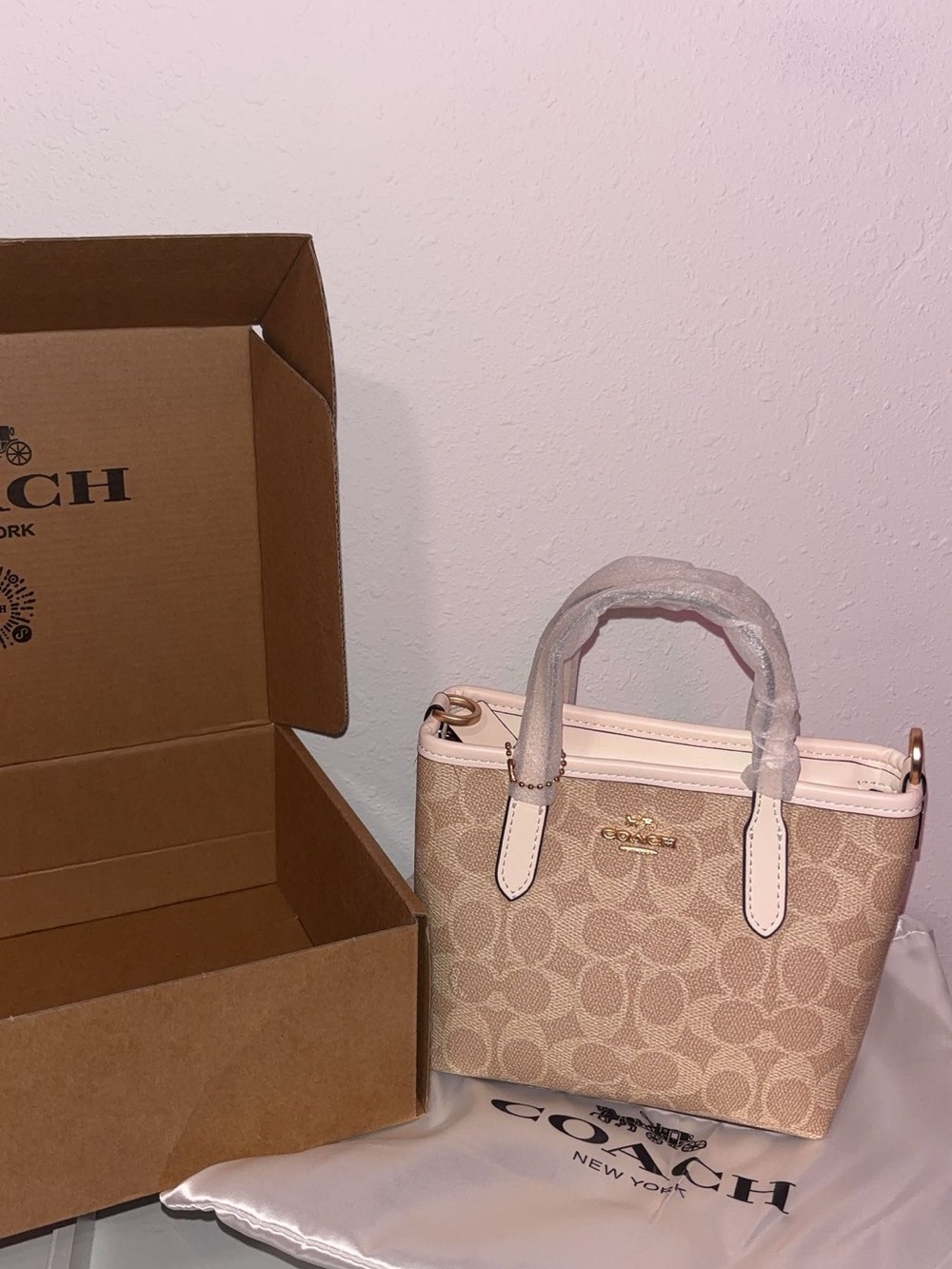 Coach Mini Satchel in Beige Canvas with Pale Pink Trim